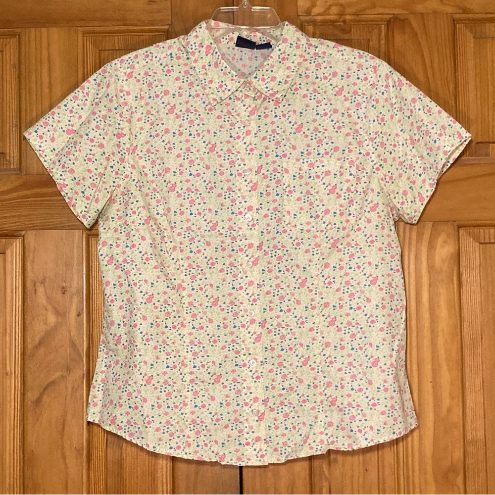 EUC Basic Editions Vintage 90s Top Short Sleeve Blouse White Pink Size L Large
